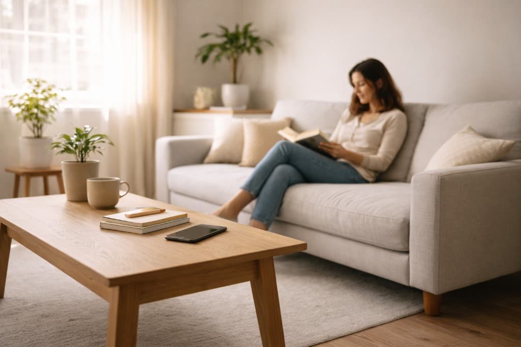 A calm living room with a phone left face-down on the coffee table while someone reads on the sofa