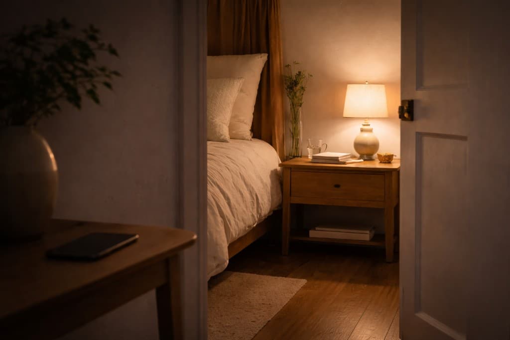 A dimly lit bedroom at night with a book and lamp on the bedside table instead of a phone