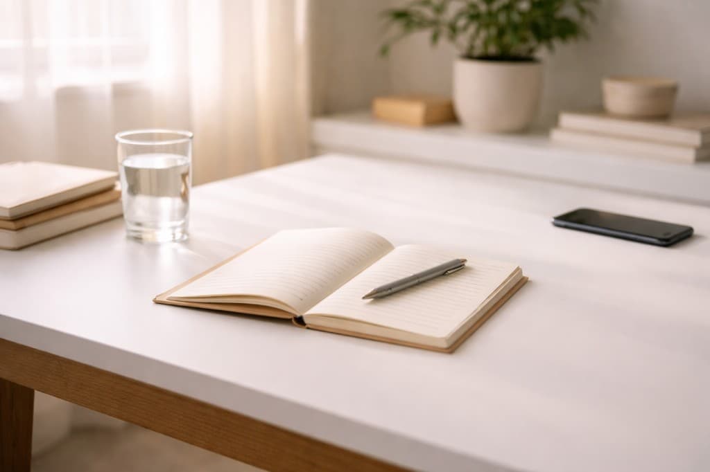 A phone left face down beside a notebook, with someone stepping away from it