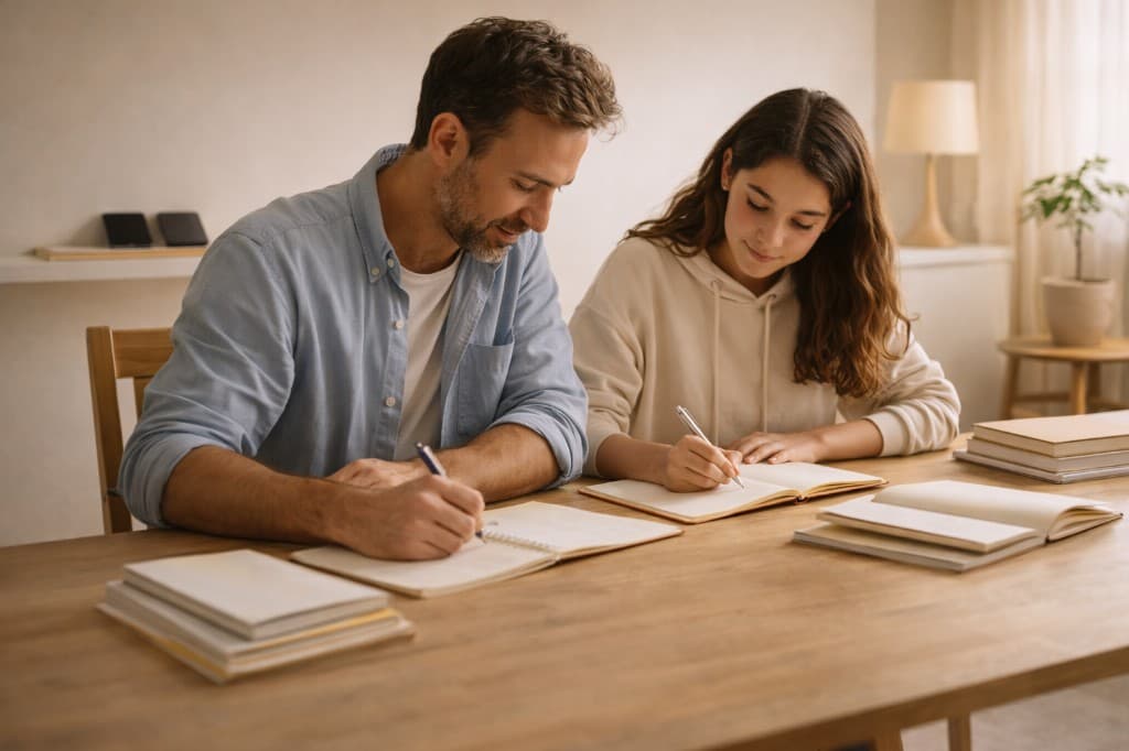 A family kitchen table with homework and a phone left in a basket on the side