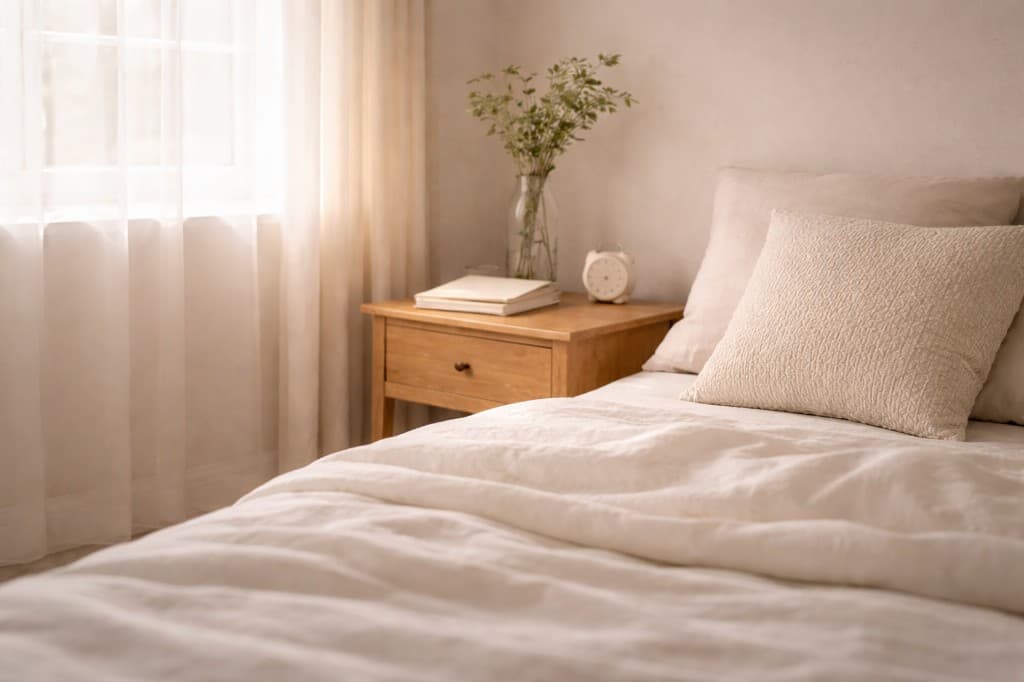 A calm bedroom with a book and a small lamp on the bedside table and no phone in sight