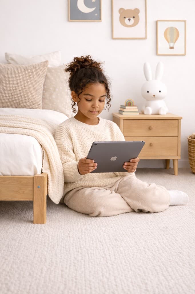 A child sitting on a bedroom floor with a tablet, in a calm and tidy room